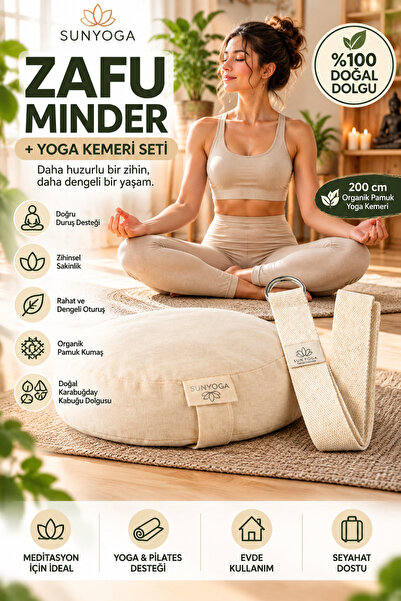 SUNYOGA Zafu Meditasyon Minderi + 200 cm Yoga Kemeri Seti Karabuğday Dolgulu ...