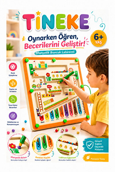 TİNEKE Manyetik Boncuk Labirenti Eğitici Oyuncak Renk Eşleştirme, Sayma ve İn...