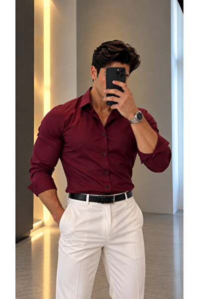 sepetx Erkek Premium Pamuk Saten Slim Fit Bordo Gömlek | Modern ve Şık Tasarım