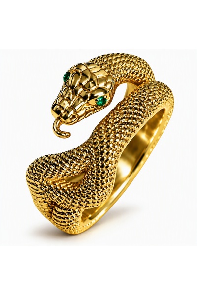 TASLİDUSLERJEWELRY Zümrüt Yeşil Taşlı Dokulu Yılan Yüzük - 24 Ayar Altın Kapl...