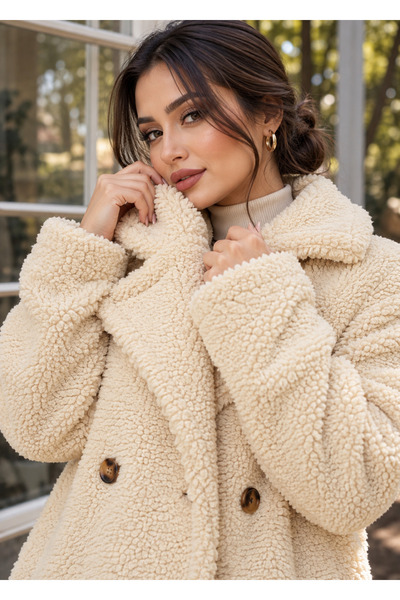 HİRAMİR Peluş Düğmeli Astarlı Kadın Mont KS2544