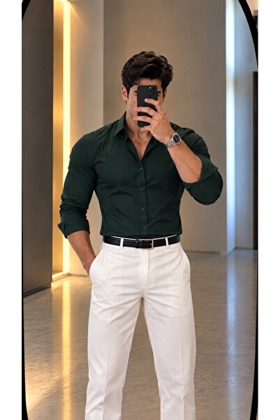 sepetx Erkek Basic Premium Pamuk Saten Slim Fit Haki Yeşili Gömlek