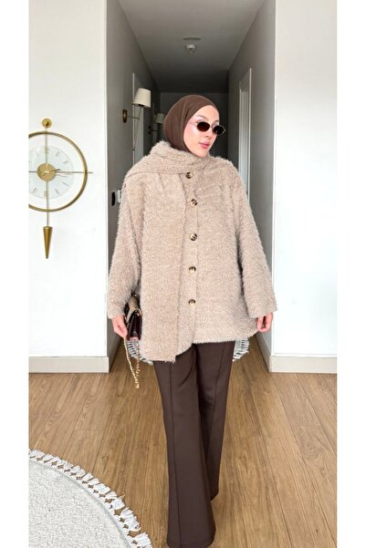 Nes Moda Kadın Atkılı Düğme Detaylı Angora Peluş Hırka Ceket