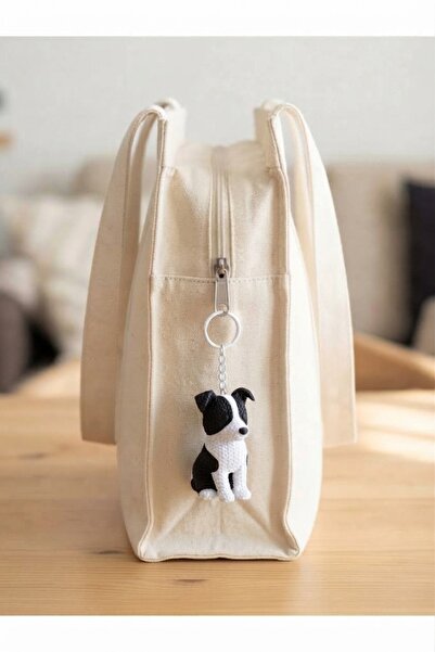 Köpek Anahtarlık Border Collie 6 cm Örgü Desenli 3D Baskı Siyah Beyaz Amigurumi Görünümlü Hediyelik