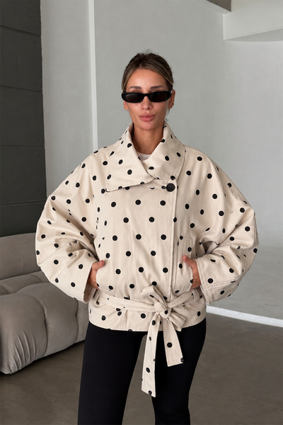 NET OF NOT Oversize Gabardin Kumaş Dik Yaka Puantiyeli Trençkot Kadın Ceket