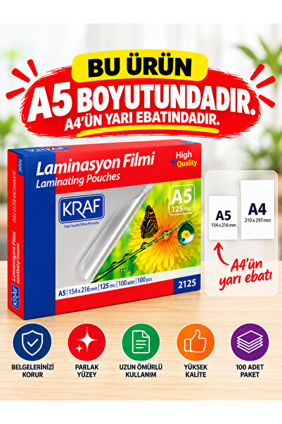 KRAF LAMİNASYON FİLMİ PARLAK A5 125 Mic. 100 LÜ 154x216 mm. 2125 (KÜÇÜK BOY /...