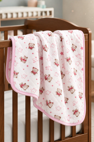 bebegen Teddy Bear Patterned Combed Cotton Single Layer Cream Pink Baby Blanket