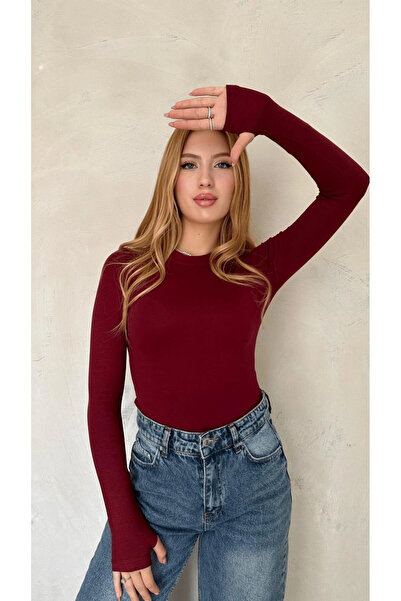 Butik Kadın Bordo Likralı Uzun Kollu Basic Body – Fit Kalıp, Esnek ve Yumuşak...
