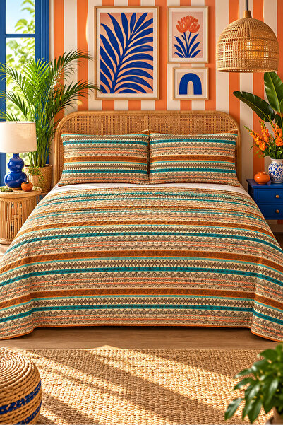 Evmila Ethnic Pattern Double Printed Pique (200x220 Cm) Brown