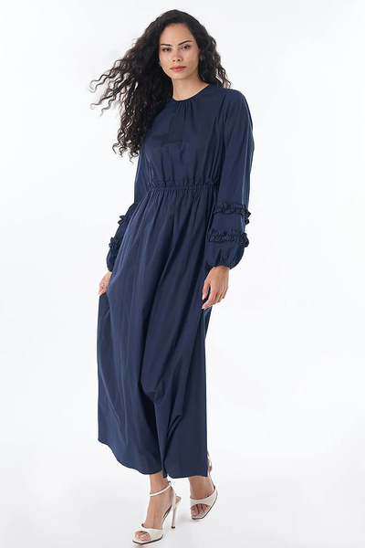 Kayra Ruffle Detailed Cotton Dress Navy Blue