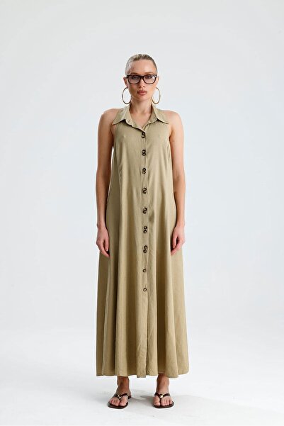 GACA COLLECTION Vivianite Linen Buttoned Backless Long Beige Dress