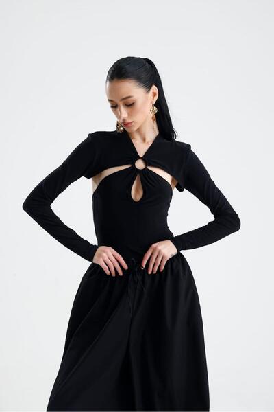 GACA COLLECTION Sofia Sırt Dekolteli Halka Detaylı Siyah Kadın Body