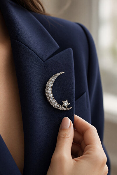 FAYRA ACCESSORIES Zirkon Taşlı Hilal Ay Yıldız Broş