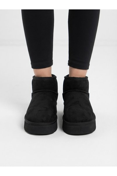 CAPRİ MODA Women's Black Suede with Fur Inside Thick Sole Ankle Short Women's Boots & Booties