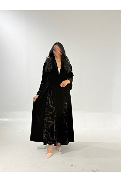 Tori Black Velvet Abaya with Black Velvet Embellishments and Printed Details.