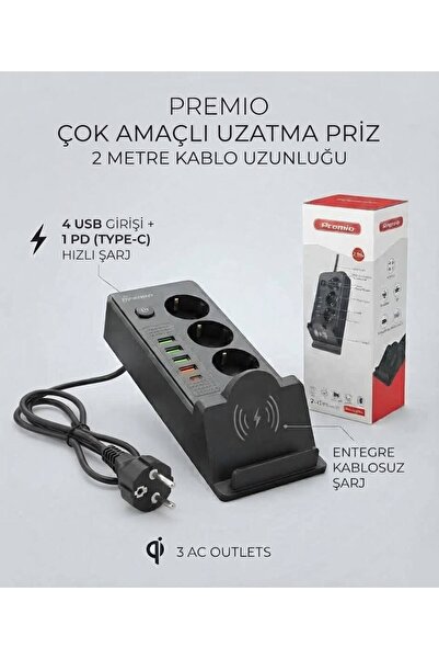3 Lü Temassız Hızlı Şarj 4 Usb' Li 1 Typ-c Girişli Grup Priz Siyah Renk