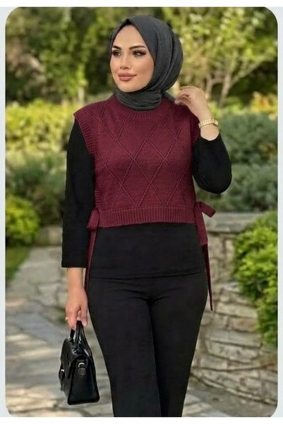 Genel Markalar Yanları Bağlamalı Triko Süveter Ajurlu Örgü Vest