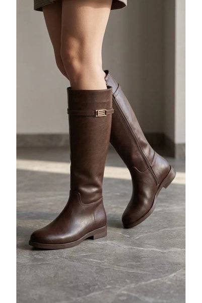 topuksarayı Women's Frida Flat-Soled Below-The-Knee Buckle Boots - Coffee Leather