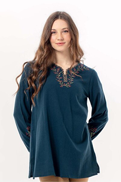 Eliş Şile Bezi Long Sleeve Nevin Embroidery Detailed V-Neck Summer Shile Fabr...