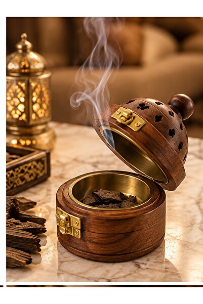 Generic Brand مبخرة خشب بغطاء مفرغ وقفل نحاسي - مبخرة عود وبخور يدوية الصنع ل...