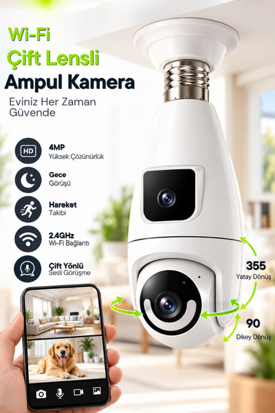 CROW'S TECH Wi-fi 360 Panoramik Ampul Kamera Gece Görüş Ses Akıllı Hareket Al...