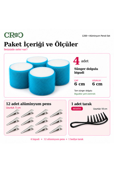 Croc 1208 Cırtlı Sünger Bigudi 4lü Çap 6cm Yapışkanlı Saç Bigudisi (12Lİ SAÇ PENSİ)