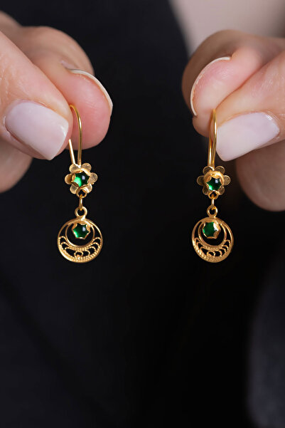 Bayar Gold Yeşil Boncuklu Sallantılı Mardin İşi Küpe