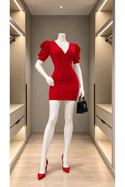 Modafeminen Rochie cu mâneci scurte din țesătură crep cu guler dublu 582900 ROȘU