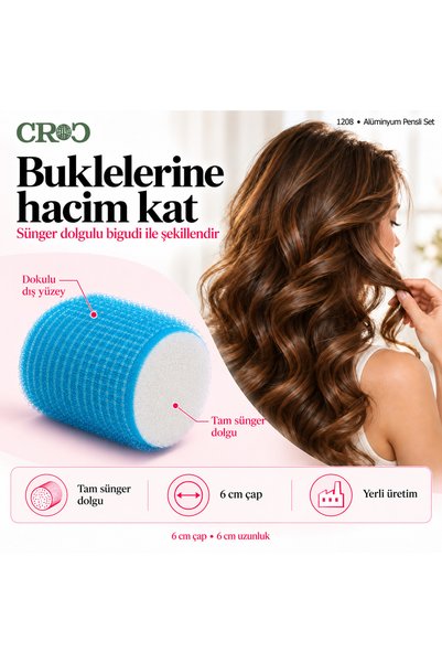 Croc 1208 Cırtlı Sünger Bigudi 4lü Çap 6cm Yapışkanlı Saç Bigudisi (12Lİ SAÇ PENSİ)