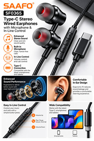Saafo SF0365 Type-C Stereo Wired Earphones with Microphone & In-Line Control - Black