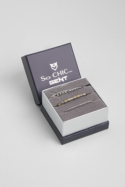 So CHIC... Brown Hematite Stone Adjustable Men's Steel Triple Bracelet Set