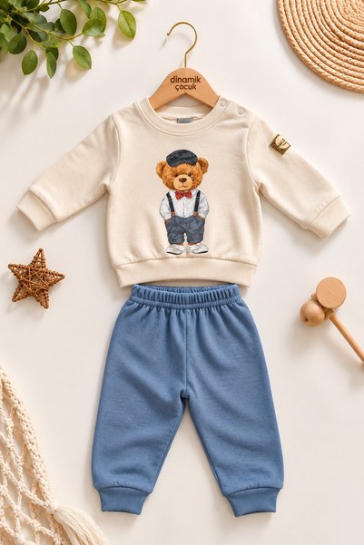 dinamik çocuk Baby Boy Bow Tie Style Teddy Bear Printed Snap-Back Sweatshirt ...
