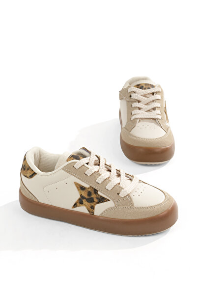 Tonny Black Unisex Bej Leopar Termo Taban Rahat Kalıp Bağcıklı Sneaker