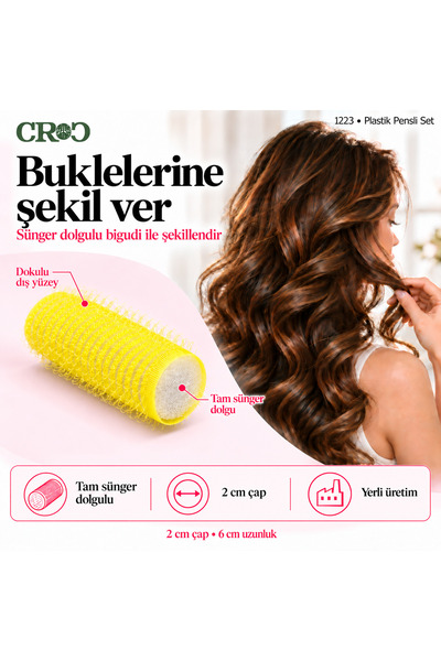 Croc 1223 Sarı 7Li Bigudi Çap:2Cm (+10Lu Plastik Pensli) Cırtlı Saç Bigudisi