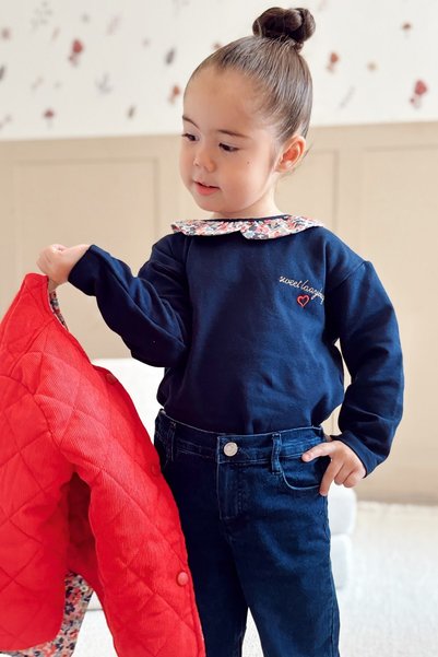 Miabanbin Girl's Velvet Coat, Floral Collared Blouse and Denim Trousers 3-Piece Set Pomegranate Flower