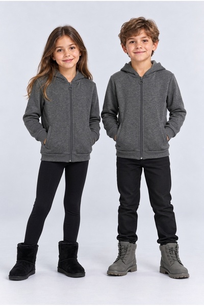 AHENGİM Girls - Boys Basic Zippered Thick 3 Thread Winter School Sweat Ak1815