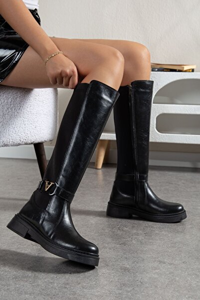 MaskButik Niva Buckle Detailed Leather Boots Black