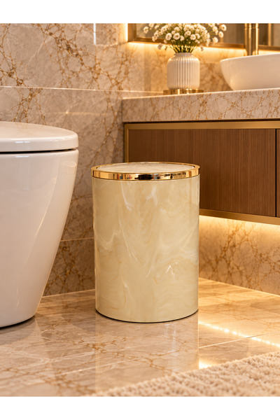 3NUR 5 Parça Mermer Desen Krembanyo Seti / Wc Fırçalık, Sıvı - Katı Sabunluk, Çöp Kovası, Diş Fırçalık
