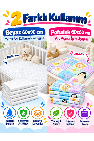 Naturashine Pofuduk Alt Değiştirme Örtüsü Hediyeli 60x90 cm Bebek Alt Açma Örtüsü 5 Adet + 60x60 cm Pofuduk 5 Adet – 10’lu Paket