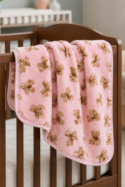 bebegen Pink Teddy Bear Patterned Fleece Blanket