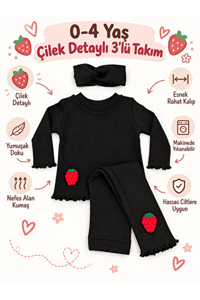 Kız Bebek Ve Çocuk Çilek Detaylı Bandanalı Taytlı Takım