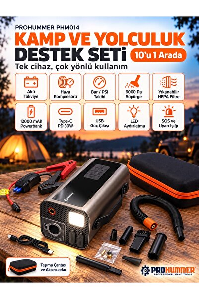 Kamp ve Yolculuk Destek Seti 12000 mAh Powerbank LED Fener Kompresör Akü Takviye Süpürgeli PHM014