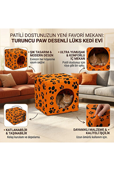 eryatex Kedi Yatağı ve Kedi Evi Fonksiyonlu Pati Desenli Dönüşebilen Kapalı K...