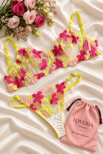 Loveria Floral Embroidered Colorful Capless Underwire Bra Set