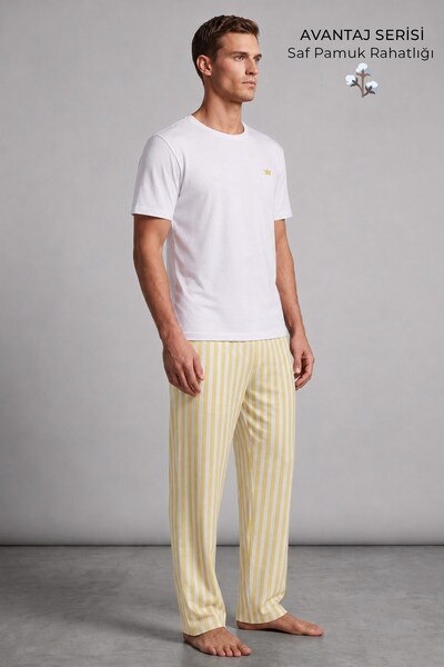 Mısırlı Egyptian Men's Cotton Striped Pajama Set White-Yellow