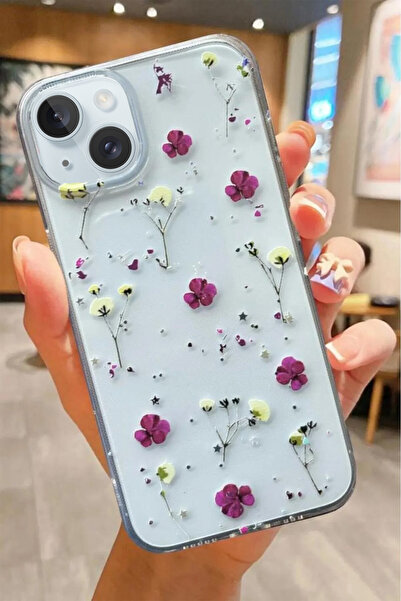 3GEN CASE iPhone 15 Kılıf Mor Çiçekler Desenli Şeffaf Silikon Kılıf