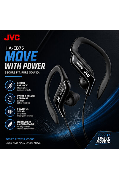 JVC سماعات أذن رياضية HA-EB75 مع مشبك قابل للتعديل - مقاومة للعرق، تعزز الصوت...