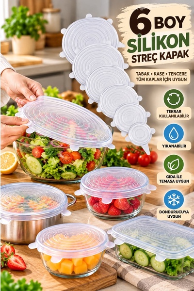 Kitchen Beauty Silikon Kapak Silikon Streç Kapak 6 Adet Tazeliği Koruyucu Ten...
