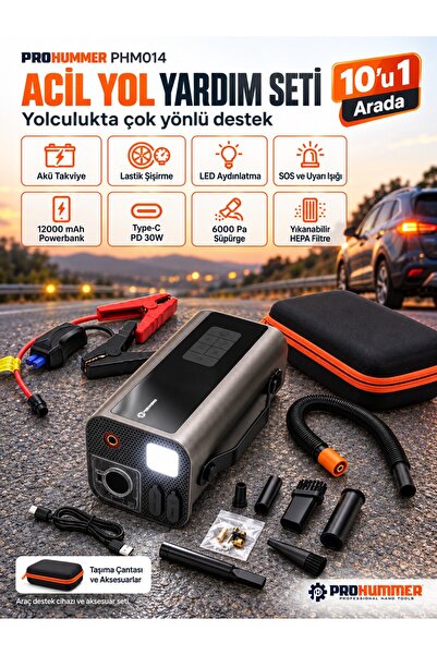 Acil Yol Yardım Cihazı 12000 mAh Akü Takviye Lastik Şişirme Powerbank LED SOS Süpürgeli PHM014