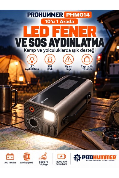 PROHUMMER LED Kamp Lambası ve Fener 12000 mAh Powerbank Akü Takviye Lastik Şi...